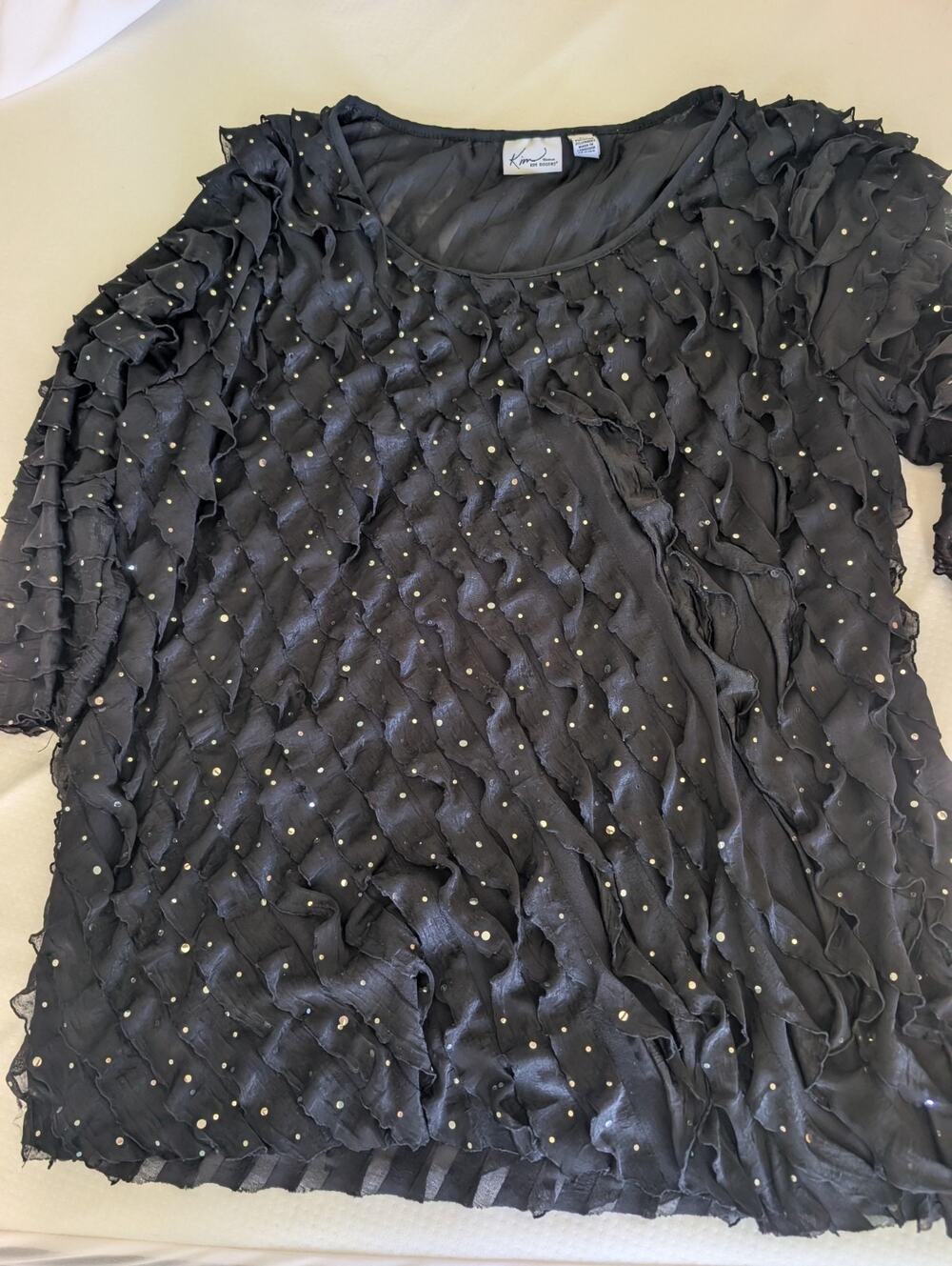 Kim Rogers Black Ruffle Blouse 1 with Rhinestone 1X , Elegant . Party , Boho